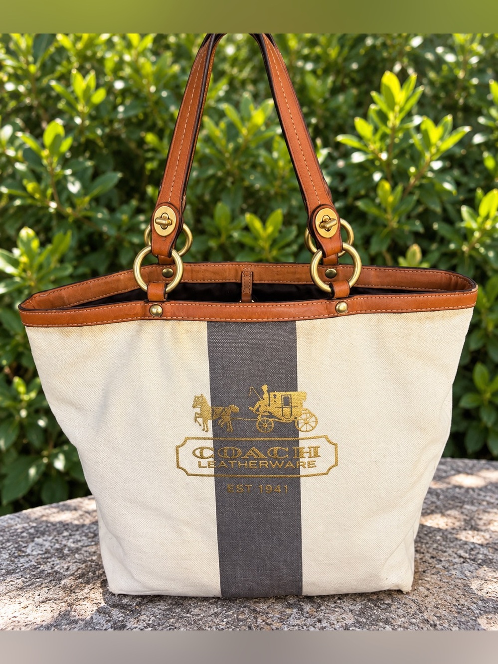 Coach Canvas Tote in Cream with Brown Leather Trim and Gray Stripe